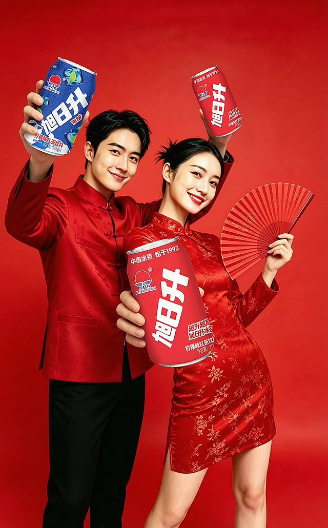 原图是一对穿着红色中式礼服的男女代言广告，红色背景，将图中男生两只手上的瓶装产品替换修改成图2和图3的两款易拉罐旭日升冰茶产品，保持立体比例协调和光影自然，女生手里拿着的瓶子尺寸变大，手往前推动作自然，整体不变只修改产品
