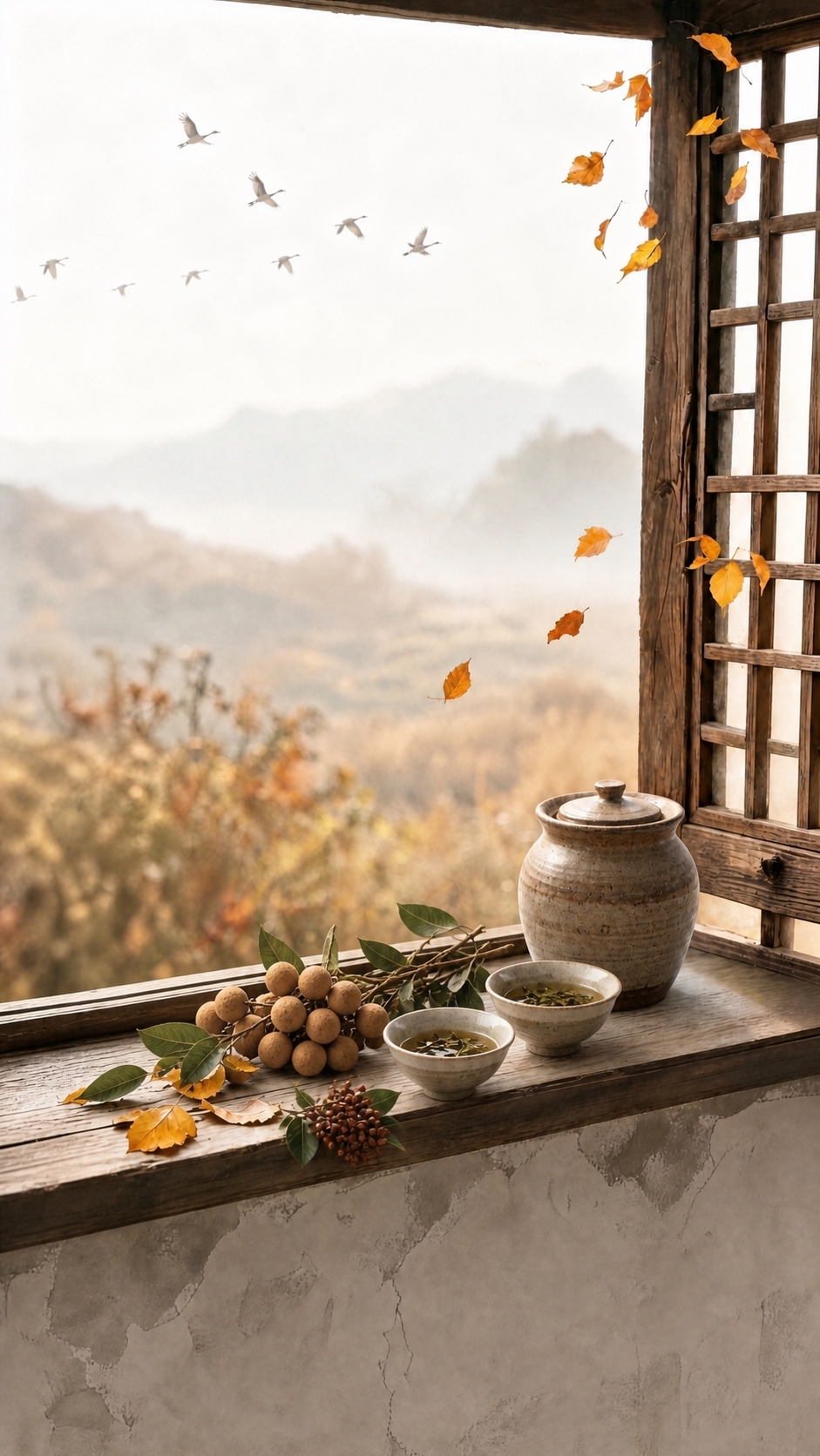 保留原图的中式木窗、窗台、远山秋景、飘落黄叶的整体构图和暖秋氛… - 图片创意预览