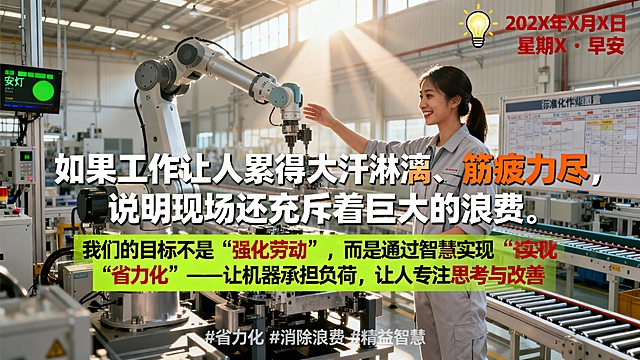 1. 背景图（核心视觉）

场景描述： 一个明亮、整洁的现代化丰田工厂车间。一位身着浅灰色工装的女性操作员（体现包容性与现代感）正面带微笑、姿态轻松地引导或轻触一个协作机器人（Cobot）的机械臂，共同完成一个安装或搬运动作。机械臂承担主要负荷，人员负责精确指令。

环境细节：

光线： 清晨阳光从高处窗户洒入，形成柔和光柱，营造积极、希望的氛围。

背景元素： 可见安灯系统显示绿色状态，远处有清晰的标准化作业看板和物料滑轨系统，体现高效、有序的精益环境。

色调： 以浅灰、白色为主，搭配机械的金属质感，整体明亮通透。

2. 文案区域（自上而下）

日期与图标：

位置： 画面右上角。

内容： 202X年X月X日 星期X · 早安

样式： 使用红色（#EB0A1E），醒目非衬线字体（如思源黑体Bold）。在日期旁添加一个发光的灯泡图标（象征智慧与创意）。

主标题：

位置： 画面中心偏上，背景相对简洁处。

内容： “如果工作让人累得大汗淋漓、筋疲力尽，说明现场还充斥着巨大的浪费。”

样式： 白色粗黑体。将 “筋疲力尽” 和 “浪费” 改为亮橙色（#FF9900）突出，形成视觉焦点。

副标题：

位置： 紧接主标题正下方。

内容：
“我们的目标不是‘强化劳动’，而是通过智慧实现‘省力化’——
让机器承担负荷，让人专注于思考与改善。”

样式： 亮绿色（#00CC66）加粗字体。将 “智慧”、“省力化”、“思考与改善” 这几个关键词改为红色（#EB0A1E），与主标题的橙色形成对比与强调。

底部标识：

位置： 画面最底部。

内容： #省力化 #消除浪费 #精益智慧

样式： 小号浅灰色（#CCCCCC）字体。