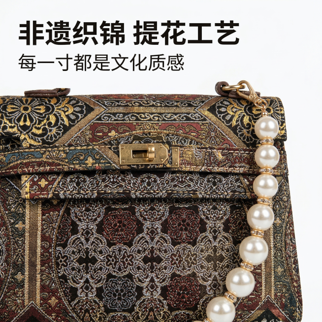 严格还原上传的产品图，包括新中式国风织锦提花手提包的所有细节，尺寸比例保持1:1。商业级电商主图，8K超高清分辨率，专业影棚侧光打光，纯白色背景(Hex #FFFFFF)，无任何阴影，极致锐利，细节拉预览效果