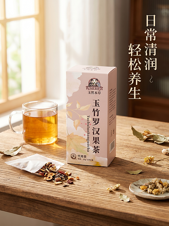 [主图 4] 玉竹罗汉果茶日常冲泡场景展示。氛围风格：日常养生轻松氛围感，自然健康生活方式。画质：商业摄影质感、光线柔和通透、产品清晰真实、画面干净高级，2K分辨率文字清晰可辨。元素：保持玉竹罗汉果茶包装盒外观与原图一致，包装盒摆放在原木茶几上，旁边放着泡好茶的透明马克杯，拆开一包独立茶包露出内里原料，桌面点缀干花叶材装饰，营造轻松日常养生喝茶氛围。商品主体突出，场景自然不拥挤。光影：窗边柔和自然光，温暖通透，光影层次自然。配色：主色调为原木暖棕，搭配茶汤浅黄和包装浅粉，整体清新干净。视角构图：第一人称平视视角，模拟真实喝茶场景，景深适中。文字版式：右侧负空间竖向排列文案“日常清润 轻松养生”，字体清雅不抢主体。比例分辨率：3:4比例，2K分辨率。负向提示词：变形，水印，文字错乱，产品图模糊，背景杂乱，色差，过度曝光。