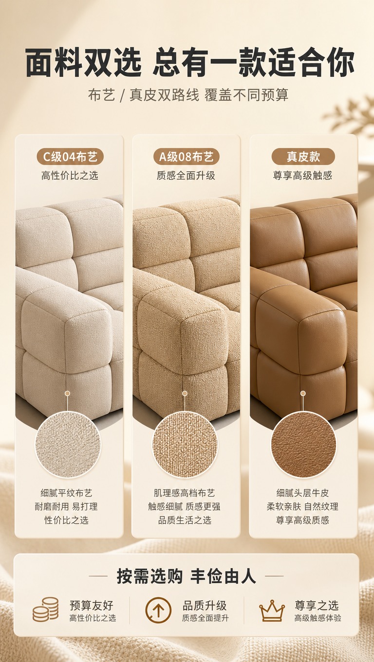 [商品] LKS1008罗马沙发的三种面料版本横向展示：左侧为… - 图片创意预览