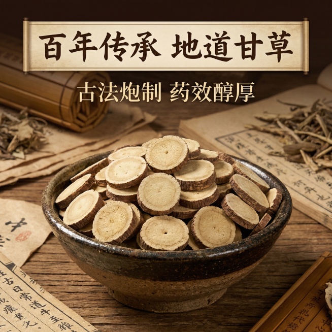 基于甘草片图片，制作全新详情页主视觉图，采用深棕色复古风格，甘草片放置在古朴的粗陶碗中，背景搭配旧纸张纹理和中医古籍元素，主标题为“百年传承 地道甘草”，副标题“古法炮制 药效醇厚”，营造传统中医药氛预览效果