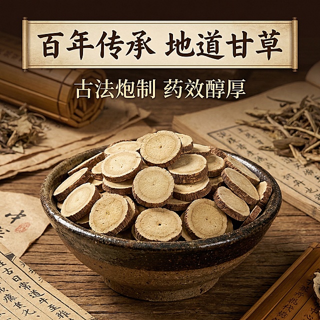 基于甘草片图片，制作全新详情页主视觉图，采用深棕色复古风格，甘草片放置在古朴的粗陶碗中，背景搭配旧纸张纹理和中医古籍元素，主标题为“百年传承 地道甘草”，副标题“古法炮制 药效醇厚”，营造传统中医药氛围