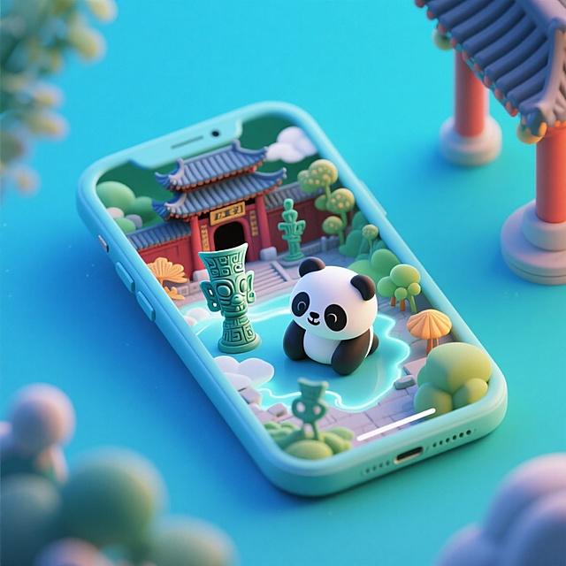软3D风微缩艺术，熊猫与古建筑萌趣互动，清新梦幻的卡通场景，体积感十足，节日氛围浓厚。