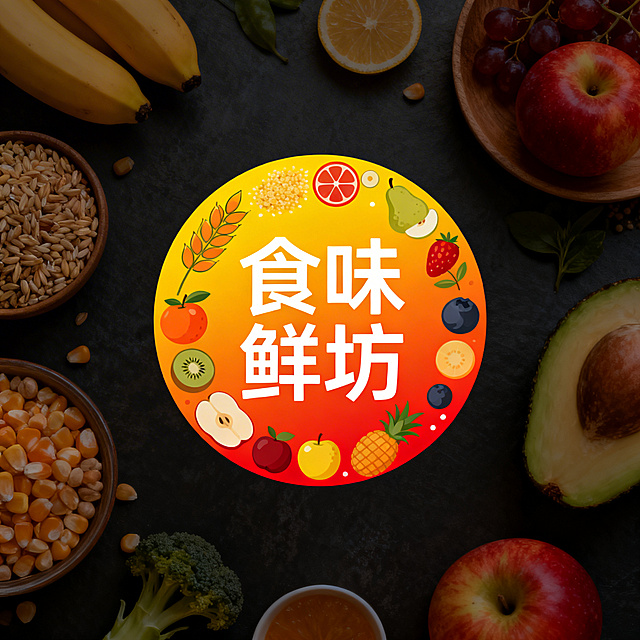 淘宝食品店店标设计，圆形简约风格，整体色调温暖饱满，包含五谷、鲜果等美食元素点缀，字体清晰醒目，传递新鲜健康的食品品牌调性，适合作为网店logo使用