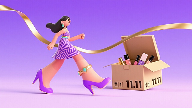 优雅的女人，旁边放着大大的打开的快递盒。快递盒细节：快递盒里面是各类美妆商品，快递盒上印着”11.11“。人物细节：身上有饰品、裙子。金色丝带在周围环绕贯穿画面，浅紫色背景