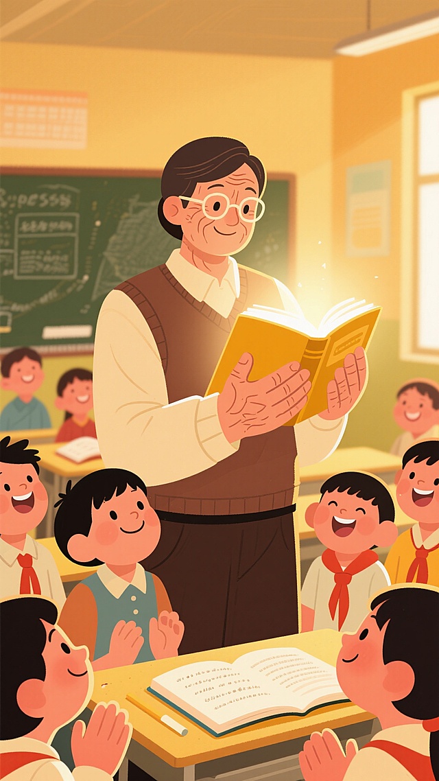 教室里，老师捧着的书本泛着暖光，似有魔力。孩子们围在身旁，小脸上满是雀跃与专注，眼神追着书页间的光亮。黑板、课桌，都成了这温暖场景的底色，老师用书本，为孩子们点亮了知识与快乐的小宇宙，每一页翻动，都是一场童心与智慧的美好相遇。