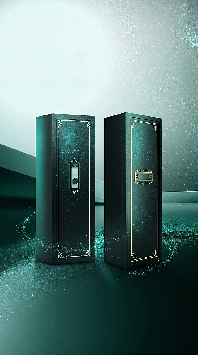 将带有银色装饰的黑色保险柜和带有金色装饰的黑色保险柜同时放置到青绿渐变闪颗粒场景中，两款保险柜摆放自然协调，调整两者的光影都与场景保持一致，整体色调统一融合，画面和谐。