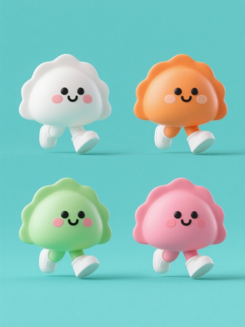 系列四个3D卡通饺子角色，保持相同圆润饱满造型、黑色豆豆眼、微笑嘴巴、腮红、白色鞋子和奔跑姿态，每个饺子主体颜色分别为纯白色、亮橙色、嫩绿色和粉红色，均置于各自对应的纯色背景上，整体呈2x2网格规整排布，风格统一为可爱Q版3D渲染，色彩鲜亮明快。预览效果
