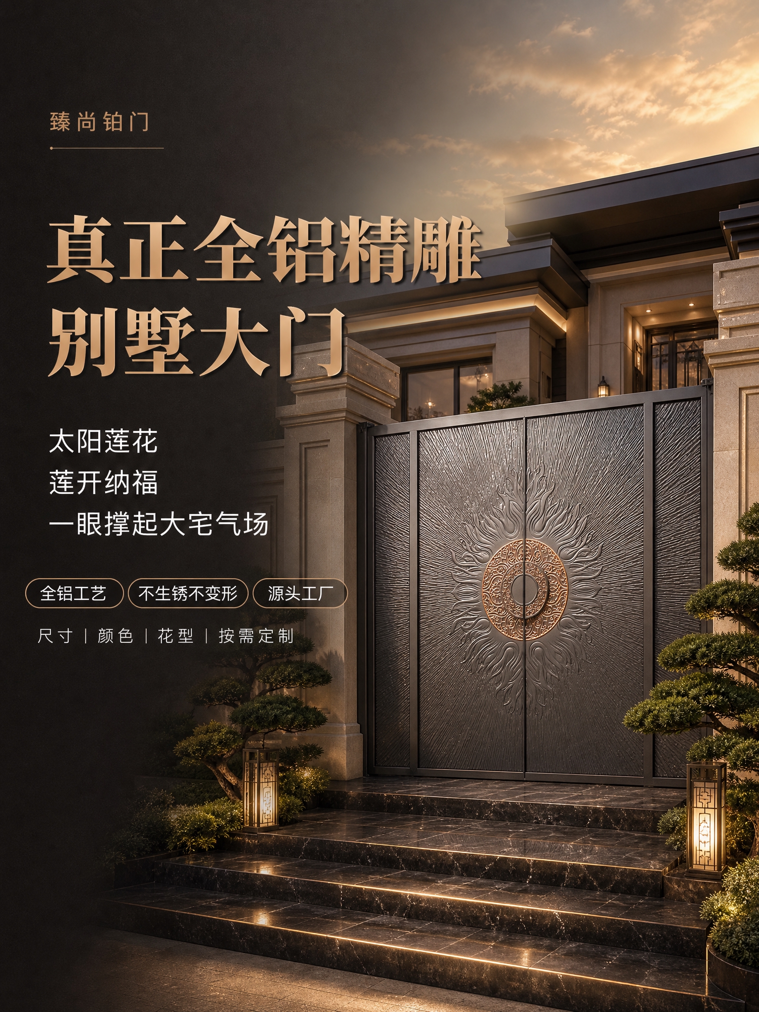 [商品] 使用【图1】臻尚铂门太阳莲花精雕全铝别墅大门；保留深… - 图片创意预览