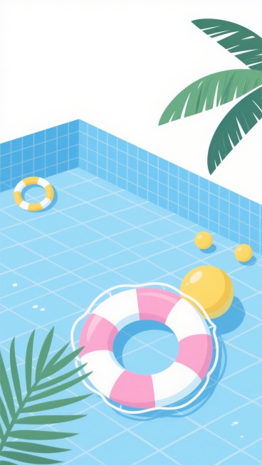 夏日背景的极简风格插画，大面积留白，以清新的浅蓝色网格泳池水面为主体，搭配粉色与白色相间的救生圈、黄色救生圈、黄色浮球和绿色棕榈叶，物体边缘有白色高光和简洁阴影，整体色调清爽明快，构图简洁大方，营造出轻松惬意的夏日氛围，无文字信息。预览效果