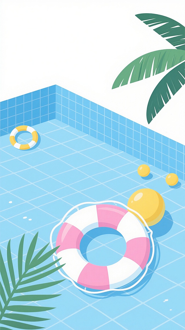 夏日背景的极简风格插画，大面积留白，以清新的浅蓝色网格泳池水面为主体，搭配粉色与白色相间的救生圈、黄色救生圈、黄色浮球和绿色棕榈叶，物体边缘有白色高光和简洁阴影，整体色调清爽明快，构图简洁大方，营造出轻松惬意的夏日氛围，无文字信息。