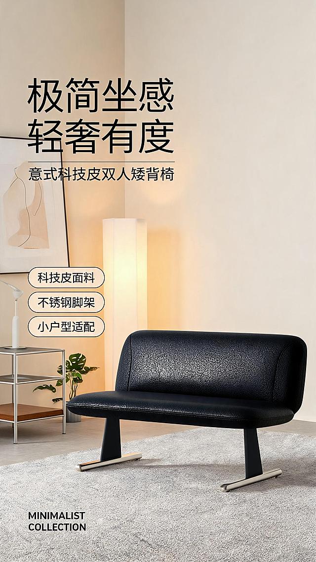 [第1张] 详情页头图-意式极简科技皮双人矮背椅（黑色款）主视觉海报。本张使用【图1】左侧黑色款作为商品主体。
[氛围/风格] 意式极简轻奢风，暖调午后自然光，高级商业摄影质感，静谧高级的居家氛围。
[元素布局] 黑色双人矮背椅置于画面右侧偏中，占比约60%-65%；左侧为意式极简客厅场景，含浅灰色地毯、金属边几、暖光落地灯、少量绿植与艺术挂画；椅子物理结构、比例轮廓、不锈钢脚架、科技皮纹理、黑色色号与输入产品图完全一致。
[光影质感] 左上方柔和自然光为主光，右侧辅光补亮暗部，椅面皮革呈现细腻高光，底部自然投影，整体通透有层次。
[配色色系] 全局底色#F5F1EC（米杏色）；主色黑色椅身+暖木色；辅助色浅灰、金属银、奶白。
[视角构图] 正面微侧45°视角，景深适中，阅读动线左上标题→右侧产品→底部信息条。
[文字版式] 左上竖列标题区：主标题「极简坐感 轻奢有度」，副标题「意式科技皮双人矮背椅」，下方3条亮点胶囊「科技皮面料」「不锈钢脚架」「小户型适配」，底部英文角标「MINIMALIST COLLECTION」；文字不遮挡椅身主体。
[比例分辨率] 9:16竖版比例，2K分辨率，文字清晰可辨，高清画质。
[负向提示词] 椅身变形，缺件错件，颜色偏差，水印，文字错乱，产品图模糊，背景杂乱，结构错误。