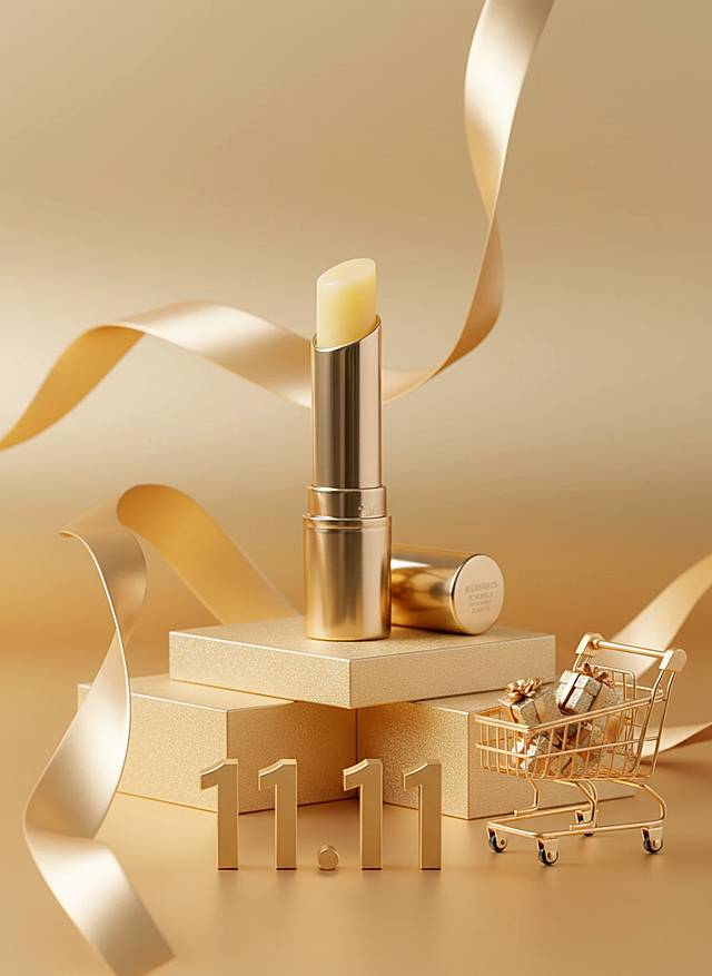 画面以金色渐变为主色调，背景点缀金色丝带，营造高级促销氛围，图中主体被摆放在错落有致的金色展台上，画面下方有金色立体数字 “11.11” 和装满礼盒的购物车装饰。