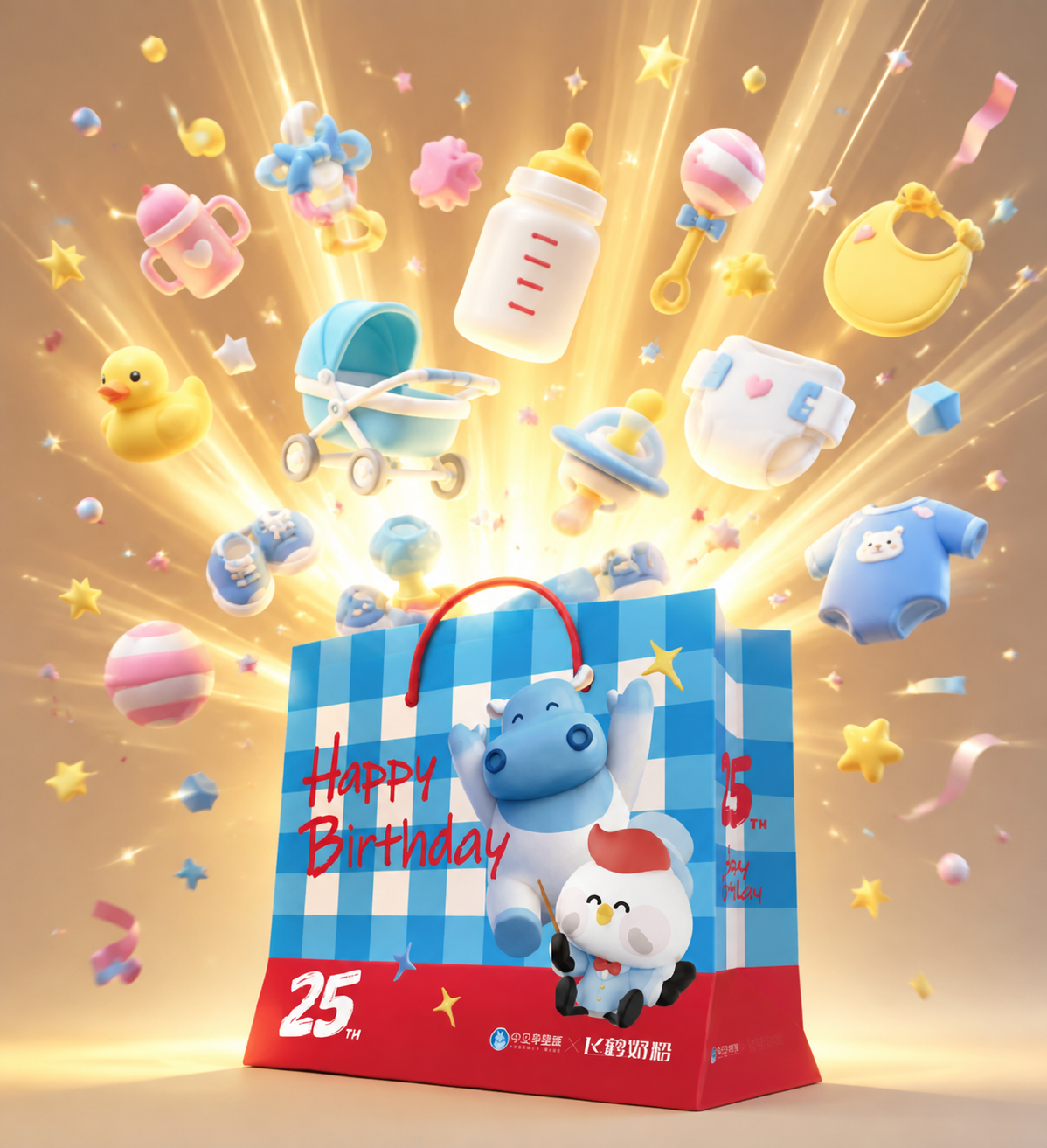 以图中的蓝白格子生日礼袋为主体，礼袋打开，从袋口散发出明亮的金… - 图片创意预览