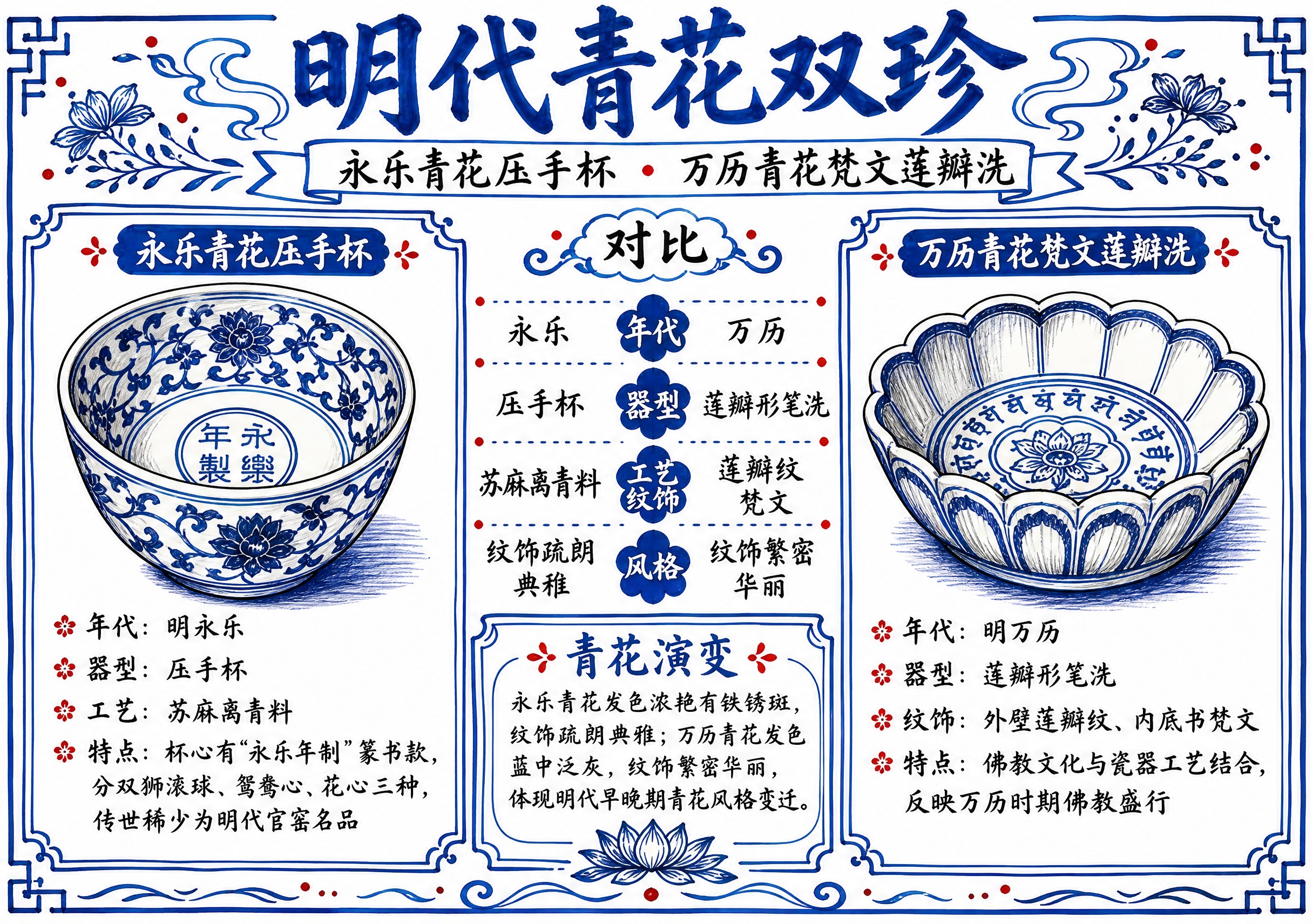 一张A4横版历史文物手抄报，主题为明代两件青花瓷珍品对比，白底… - 图片创意预览