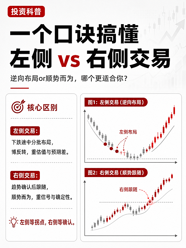 [主图-1] 一个口诀搞懂左侧VS右侧交易首图。
[氛围风格] 专业金融知识科普风，简约清晰，原生小红书风格。
[画质] 商业设计质感，文字清晰锐利，画面干净高级，信息层级分明。
[元素] 画面采用左右分栏版式，左侧为大字主标题，右侧为K线趋势示意图。主标题区顶栏放红色标签"投资科普"，大字主文案写"一个口诀搞懂
左侧 vs 右侧交易"，黑色加粗，主标题下方小字写"逆向布局or顺势而为，哪个更适合你？"。左右分栏，左侧文字区介绍核心概念，右侧放下跌和上涨趋势示意图，保持画面主体占比约70%，整体满屏无边框，参考原图红白色调风格。
[光影] 均匀柔和的商务用光，背景浅灰提亮文字对比度，红色标签点缀，无明显硬阴影，信息阅读舒适。
[配色] 主色调为白色，辅助色为红色和深灰色，红白色对比清晰，符合财经科普专业感。
[视角构图] 上下分割+左右分栏构图，信息分区清晰，无遮挡。
[文字版式] 顶部红色标签小字，主标题粗黑大字，辅助说明小字，分区左对齐，安全边距充足，文字与背景对比强烈，所有文字清晰可读，无文字错乱。
[比例分辨率] 3:4 比例，4k 分辨率，超高清。
[负向提示词] 变形，水印，文字错乱，背景杂乱，信息遮挡，纯广告风。