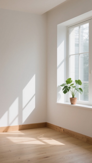 极简主义室内场景，明亮的白色墙面与浅木色地板构成温暖基调，左侧窗台上摆放一盆绿叶植物，阳光透过窗户在墙面和地板上投射出清晰的窗格阴影，光影层次分明，整体氛围宁静舒适，空间开阔通透，木质踢脚线增添自然质感，光线柔和且具有真实的物理光影效果，呈现出现代简约的家居风格。预览效果