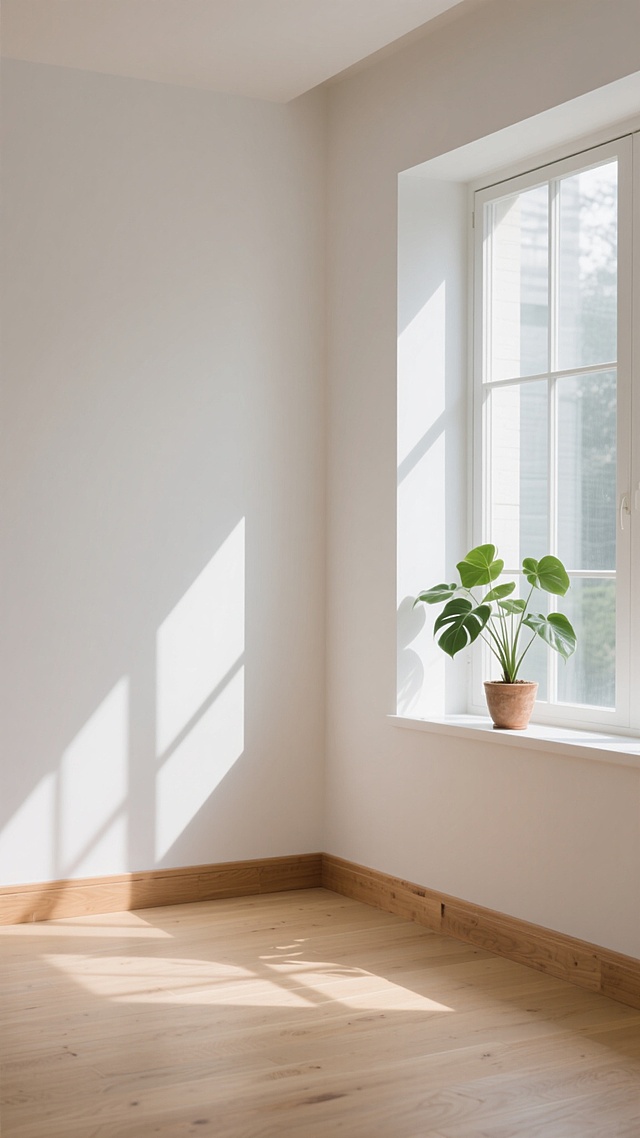 极简主义室内场景，明亮的白色墙面与浅木色地板构成温暖基调，左侧窗台上摆放一盆绿叶植物，阳光透过窗户在墙面和地板上投射出清晰的窗格阴影，光影层次分明，整体氛围宁静舒适，空间开阔通透，木质踢脚线增添自然质感，光线柔和且具有真实的物理光影效果，呈现出现代简约的家居风格。