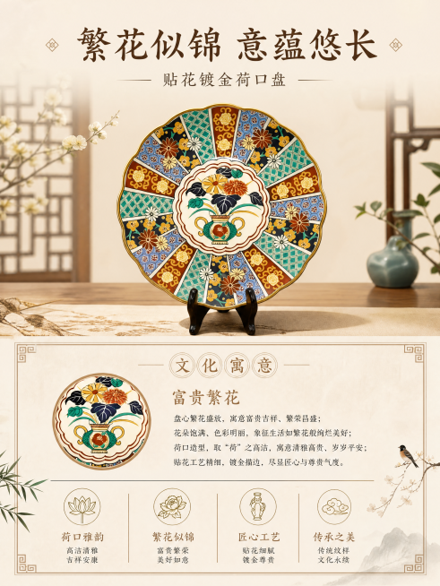[第5屏] 纹样寓意-贴花镀金荷口盘纹样文化讲解。新中式文化氛围，复古雅致。上半部分放【图1】完整产品，保留纹样和外观不变,下半部分讲解富贵繁花的吉祥寓意，配回纹装饰框.柔和布光，整体温润明亮，全局底预览效果