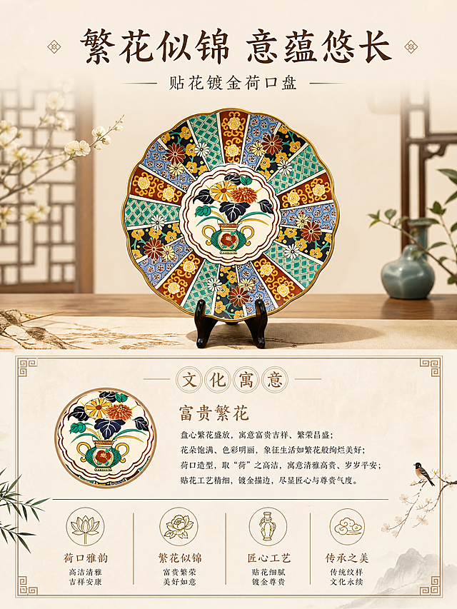 [第5屏] 纹样寓意-贴花镀金荷口盘纹样文化讲解。新中式文化氛围，复古雅致。上半部分放【图1】完整产品，保留纹样和外观不变,下半部分讲解富贵繁花的吉祥寓意，配回纹装饰框.柔和布光，整体温润明亮，全局底色#F5F0E6，顶部主标题「繁花似锦 意蕴悠长」，文字排版整齐清晰.3:4竖版4K分辨率.负向提示词：产品变形,文字遮挡,水印