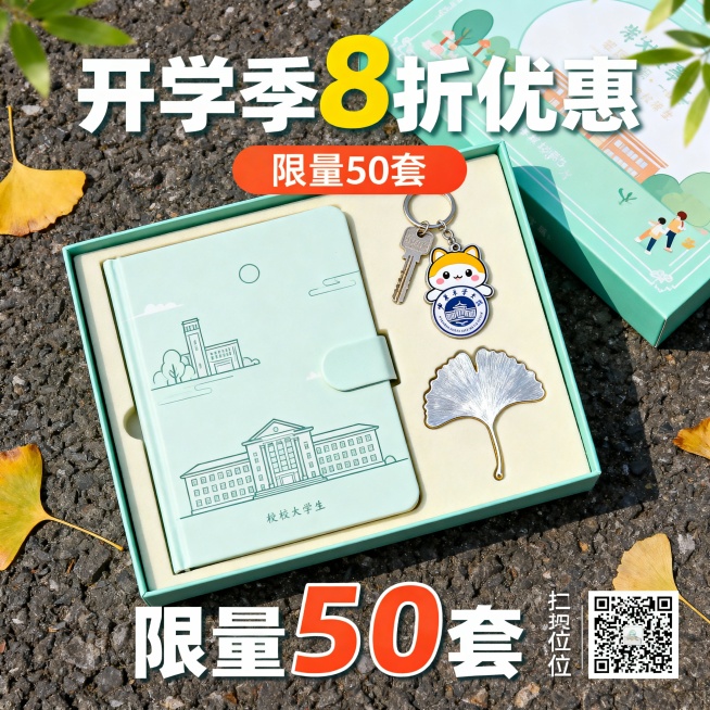 校园定制文创礼盒（含笔记本、钥匙扣、书签），促销信息“开学季8折优惠”“限量50套”，目标受众为在校大学生,包含产品实物元素、促销文案、购买二维码占位符.预览效果
