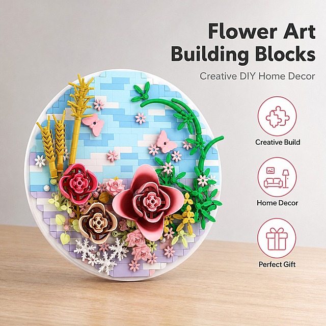 [主图-2] 成品效果与核心卖点 展示DIY拼装花卉艺术装饰的价值。
[统一基调] 跨境电商专业风格 主色家族为纯白+浅灰+暖木色 标题字色深灰近黑 辅助字色中灰 强调色豆沙粉 字体为现代无衬线英文字体 字号层级分明 信息克制 无装饰边框 整体传递品质专业感。
[画面] 花画积木摆件为主体 占比约60% 微俯15°视角 放置在浅橡木色木质桌面上 产品外观与上传图完全一致 所有颜色细节保留 画面右侧有3个圆形图标+英文卖点 分别对应 创意拼装 家居装饰 理想礼物 每个图标下方有英文说明 背景为浅灰色渐变 干净简洁 产品底部有真实桌面接触阴影。
[光影质感] 专业产品摄影质感 侧前方柔和主光 突出花瓣立体层次 木质桌面有温润木纹反光 整体光影柔和自然 产品与桌面融合真实 无悬浮感。
[配色] 浅灰背景 暖木色桌面 深灰文字 豆沙粉图标点缀 产品多彩花卉为视觉焦点 色调统一克制。
[文字版式] 右上角主标题 Flower Art Building Blocks 深灰色粗体大号字 副标题 Creative DIY Home Decor 中灰色中号字 右侧三个圆形图标竖排 图标为简约线性风格 豆沙粉色 下方文字分别为 Creative Build Home Decor Perfect Gift 深灰色小号字 文字清晰不拥挤 不遮挡产品主体。
[输出要求] 比例1:1 英文文字清晰可读 产品清晰 光影真实 无变形 无错字 无模糊 无水印 无平台Logo 无中文 无绝对化用词。