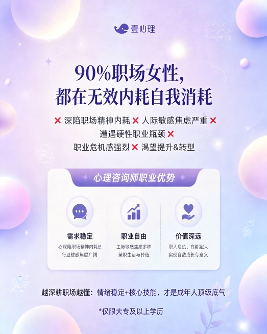 生成一张和之前参考图尺寸一致，风格相同的海报，浅紫蓝渐变背景搭配柔和发光圆形气泡装饰，顶部有壹心理logo和品牌名，主标题是"90%职场女性，都在无效内耗自我消耗"，正文内容：
❌ 深陷职场精神内耗预览效果