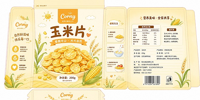玉米片自立袋软包装平面装潢展开图，奶黄色为主色调，温馨柔和的奶油黄配色方案。全新原创设计，包含正面、背面、左右侧面、底部的完整展开结构。正面设计：中央放置手绘风格的金黄玉米片堆叠插画，上方有品牌logo区域和产品名称"玉米片"字样，下方有净含量标识，点缀清新的玉米叶和麦穗元素。背面设计：营养成分表、配料表、生产信息文字排版区域，底部有条形码。侧面设计：左侧面有品牌slogan和小图标，右侧面有食用方法说明图示。整体采用圆润可爱的手绘插画风格，版式清新明快，奶黄渐变背景搭配暖橙色点缀，食品级包装设计感，高清平面矢量风格，刀模线清晰可见
