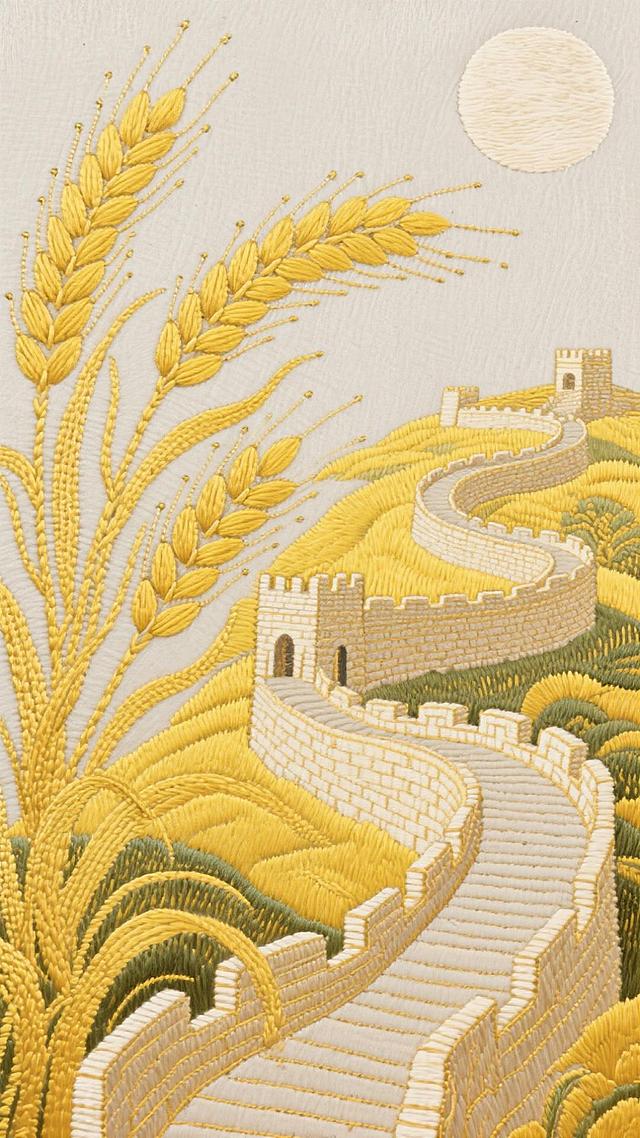 刺绣风工笔画，金黄麦浪环绕长城，浮雕质感凸显中式古典美，重拟物手法呈现丰收盛景，民族感十足的节日视觉。