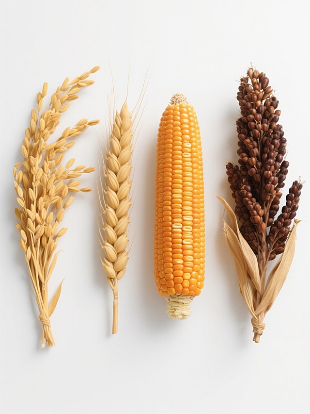 纯白背景上，以高度写实的风格，规整排布四个完全不同的谷物元素内容，形成系列素材集合。第一个是饱满金黄的稻穗，颗粒清晰，稻芒纤细；第二个是沉甸甸的金黄色麦穗，麦芒尖锐；第三个是橙黄色的饱满玉米棒，玉米粒排列整齐；第四个是深褐色的饱满高粱穗，穗粒紧密。所有谷物均保持清晰的细节、自然的纹理和真实的光影效果，整体呈现出丰收、自然、纯净的氛围。