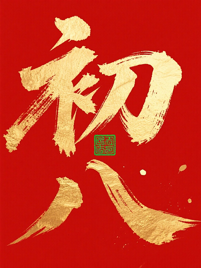 主体是巨型金色书法 “初八”，笔触苍劲有飞白质感，字间嵌入绿色传统回纹印章图案。红色背景。