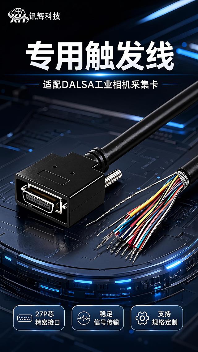 [第1屏] 详情页头图-DH40-27S 27P芯TS相机 DALSA Xtium Cameralink采集卡专用触发线宣传海报。本屏使用【图1】作为商品主体。
[氛围/风格] 专业科技风，深色科技背景，冷调蓝色光效点缀，商业工业摄影质感。
[元素布局] 触发线产品斜向居中放置，占比约70%；顶部左上角预留品牌区，右侧放主标题文案，底部放核心卖点胶囊标签；保证触发线接口结构、剥线彩色内芯、黑色外皮与输入产品图一致。
[光影质感] 顶部冷柔光照明，产品接口处保留清晰金属高光，背景科技光带做辅助光影，整体明暗层次清晰，产品轮廓锐利分明。
[配色色系] 全局底色 #121826；主色科技深灰蓝；辅助色浅蓝发光点缀，白色标题文字。
[视角构图] 正面45°斜侧视角，产品为绝对视觉中心，阅读动线从上到下：品牌→标题→产品→卖点。
[文字版式] 版式为顶部品牌区 + 右侧标题区 + 中部产品 + 底部卖点胶囊。主标题"专用触发线"，副标题"适配DALSA工业相机采集卡"，加粗白色大字体居中偏上；底部三个卖点胶囊："27P芯精密接口" "稳定信号传输" "支持规格定制"，文字清晰不遮挡产品主体。
[比例分辨率] 9:16 竖版比例，4K分辨率，文字清晰可辨，高清画质。
[负向提示词] 产品变形，接口结构错误，缺件错件，颜色偏差，水印，文字错乱，产品模糊，背景杂乱