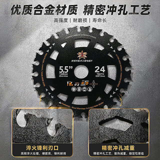 [主图-7] 工艺与材质展示
[氛围风格] 材质细节专业展示
[画质] 超高清特写，材质纹理清晰
[元素] 锯片整体展示，添加两个局部放大画中画：一个放大锯齿刃口，展示淬火硬化材质；一个放大多孔结构，展示精密冲孔工艺。保持锯片整体外观结构颜色和原图一致，精细化处理。背景浅灰色工业质感。
[光影] 侧光突出金属材质纹理，局部放大区域光影和整体一致，自然衔接。
[配色] 黑灰工业色调，画中画边框浅黄色标注。
[文字版式] 顶部大字"优质合金材质 精密冲孔工艺"，每个画中画下方标注说明："淬火锋利刃口"，"精密冲孔减重"，文字清晰不遮挡主体。
[比例分辨率] 1:1比例，2048x2048，4K超高清
[负向提示词] 变形，水印，文字错乱，背景杂乱