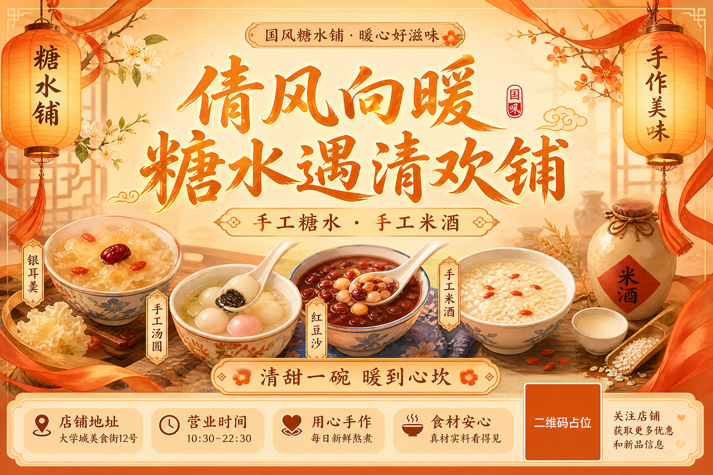 国风温馨糖水铺灯箱广告，横版3:2构图。画面中央大标题「倩风向… - 图片创意预览