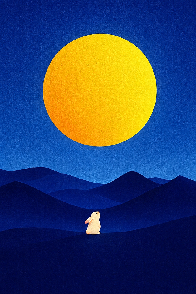 参考图片的扁平插画风格和噪点肌理质感，重新生成画面，去除所有文字。画面主体：巨大的金黄色圆形满月位于画面中上部，下方是深蓝色的起伏山峦剪影，山脚下有一只可爱的小玉兔仰头望月。背景是渐变的深蓝色夜空，整体采用扁平插画风格，带有细腻的噪点颗粒质感，色彩简洁明快，构图对称和谐，中秋节日氛围，无任何文字、水印或标识