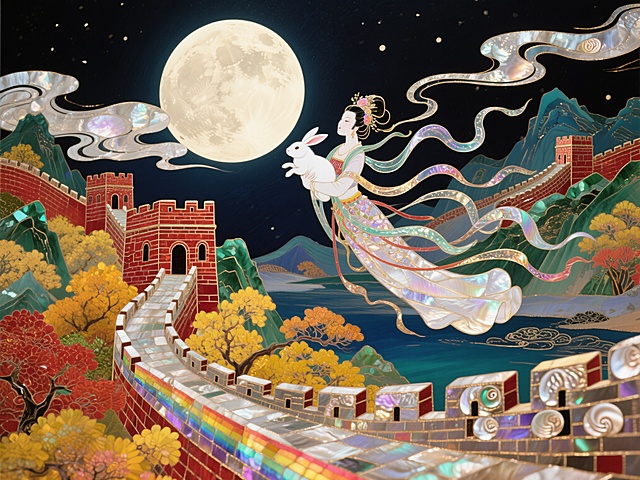 螺钿漆画风格，描绘一幅中秋月夜的神话场景。以巍峨的长城蜿蜒于红黄绿秋色浸染的山水间为背景。夜空中悬着一轮皎洁的圆月，月光皎洁。嫦娥仙子裙裾飞扬，优雅地怀抱着雪白的玉兔，正从月宫翩然降临。月亮周围缭绕着薄如轻纱的流云，整体氛围梦幻而诗意，充满东方浪漫色彩。
风格： 精美插画、东方神话、梦幻诗意。
背景： 长城、秋日山水、红黄绿色调。
主体： 圆月、嫦娥、玉兔、薄云。
氛围： 宁静
