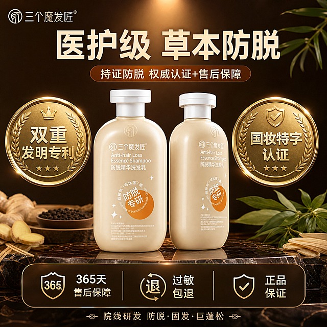 [主图-5] 信任背书与服务承诺，主打「持证防脱 权威认证+售后保障」，建立信任感促进转化。
[统一基调] 暖棕琥珀色系主视觉，深焦糖棕渐变背景，主标题用奶油米白色粗体非衬线字体，强调色用暖橙色，辅助文字用浅米色，整体高级商业摄影质感，柔光箱打光，产品立体感强，字体统一为现代非衬线体，不混用字体。
[画面] 画面采用居中对称构图，产品位于画面中央偏下位置，两瓶洗发水并排站立，一正一侧，瓶身外观保持原图设计不变，放置在深色大理石台面上。产品上方左右两侧各有一个大型金色圆形认证徽章，左侧徽章写「双重发明专利」，右侧徽章写「国妆特字认证」，徽章有金属光泽和立体浮雕感。产品下方是服务承诺区域，用图标+文字的形式展示三项服务保障。背景是深棕色渐变，顶部有柔和的暖光洒下，营造庄重权威的氛围。画面角落点缀少量草本植物叶片作为装饰。
[光影质感] 高级商业摄影质感，认证徽章有真实的金属金色光泽和立体凹凸感，产品瓶身有柔和高光和清晰的台面倒影，整体光影庄重有品质感，体现权威可信。
[配色] 主背景深焦糖棕渐变，产品奶米色，徽章金色，强调色暖橙色，文字奶油米白色，整体暖棕金色调高级权威。
[文字版式] 顶部大标题「医护级 草本防脱」，超大号粗体米白色，非常醒目。两个大徽章内文字「双重发明专利」「国妆特字认证」用金色+白色组合，清晰有质感。底部服务承诺区三个图标+文字横向排列：「365天售后保障」「过敏包退」「正品保证」，每项配一个简约线性图标。底部最下方有一行小字「院线研发 防脱·固发·巨蓬松」。左上角放置品牌Logo「三个魔发匠」。文字排版对称平衡，不遮挡产品主体。
[输出要求] 1:1正方形比例，2K高清，文字清晰，徽章精致。禁止变形、错字、模糊、杂乱、水印、平台Logo、医疗化表述。
