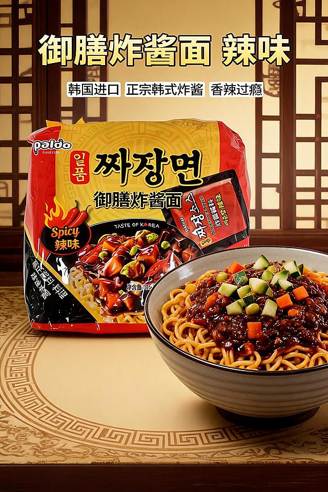 电商主图，paldo八道御膳辣味炸酱面一袋居中，包装袋完整清晰，旁边摆放着一碗拌好的炸酱面，酱汁浓郁，有蔬菜配料，背景为韩式传统风格场景，画面上方大字文案"御膳炸酱面 辣味"，下方小字"韩国进口 正宗韩式炸酱 香辣过瘾"，美食摄影风格，浓郁诱人，产品突出，高清质感