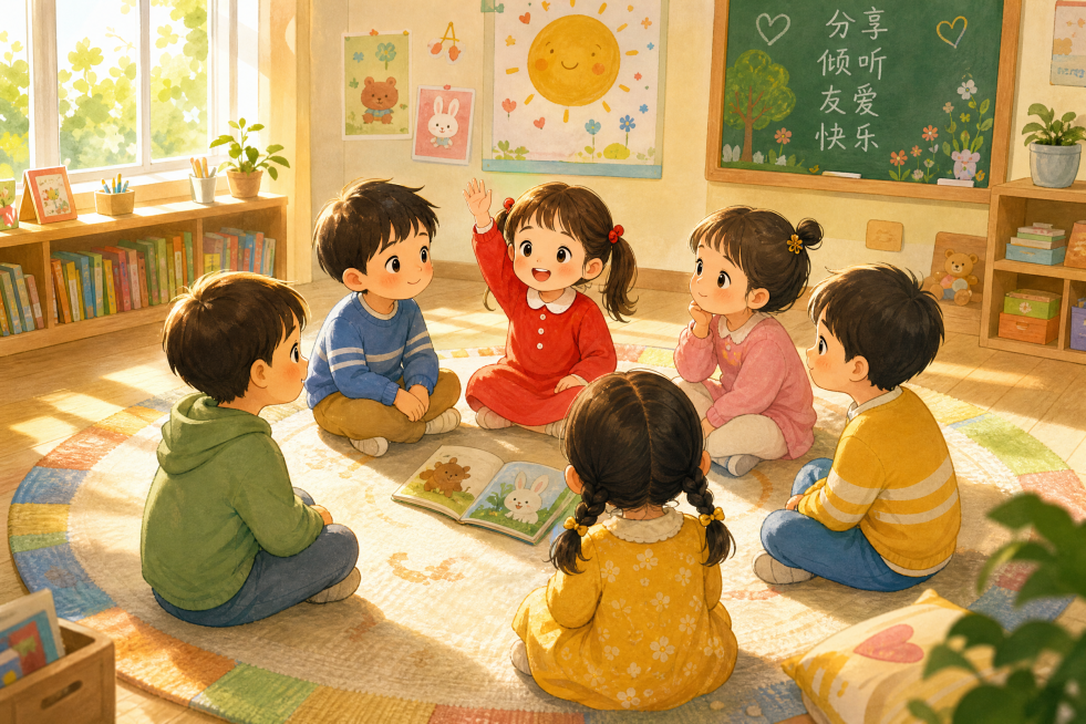六个小孩围坐地毯上，红衣服女孩举手发言，教室阳光，儿童绘本插画，治愈系，明亮温暖预览效果