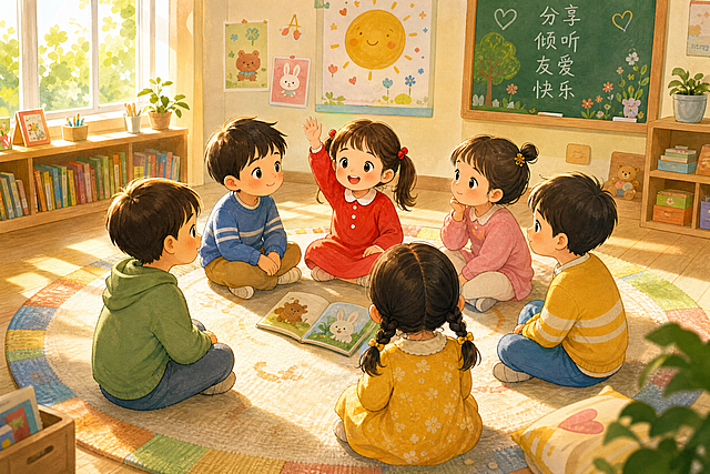 六个小孩围坐地毯上，红衣服女孩举手发言，教室阳光，儿童绘本插画，治愈系，明亮温暖