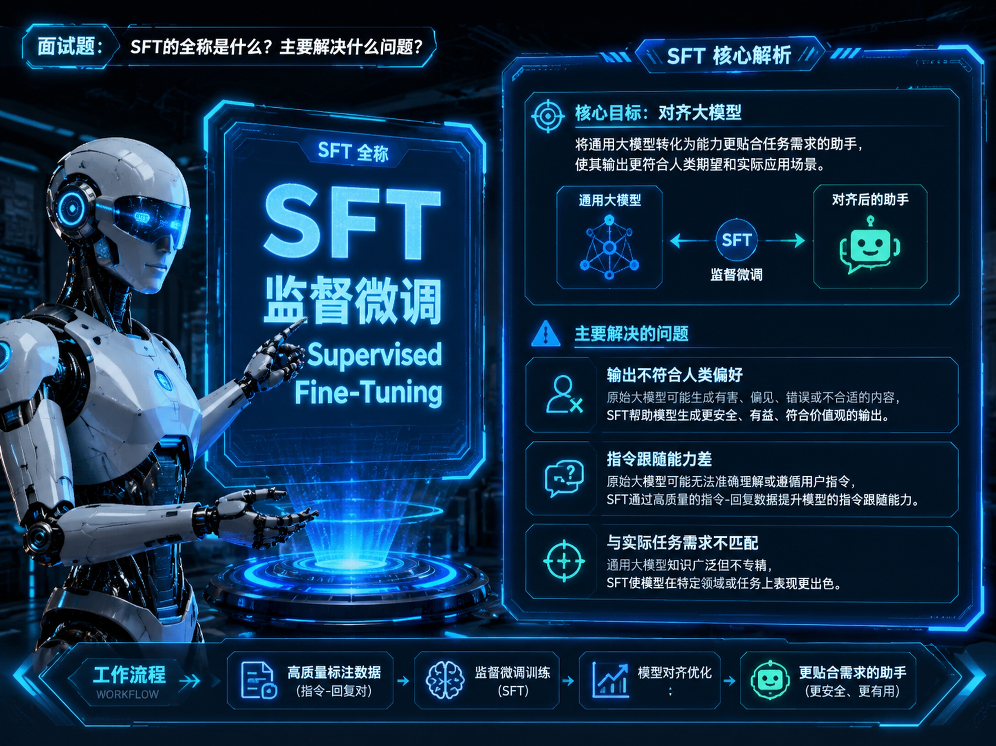 创作科技风机器人解析图，面试题：'SFT的全称是什么？主要解决… - 图片创意预览