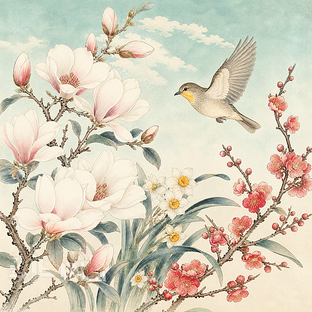 2月花鸟图，按照参考图的工笔国画风格，使用各类花卉飞鸟素材创作，画面美观雅致，不包含任何文字，正方形尺寸，保持与参考图一致的工笔画风，可根据二月季节特点搭配当季花卉