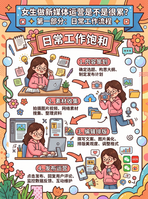 卡通插画风格信息图，主题为女生做新媒体运营是不是很累的第一部分：日常工作流程。内容包含可爱卡通女生形象，用流程图箭头指示从内容策划、素材收集、编辑排版到发布运营的完整流程，搭配对应的图标，文字标注各环预览效果