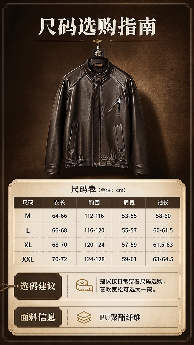 [商品] 使用【图1】深棕色立领PU皮夹克；商品处理：保留立领、按扣门襟、斜拉链胸袋、两侧插袋、落肩袖、松紧下摆、整体版型与深棕做旧皮质颜色；自然去除衣身杂乱褶皱与压痕，理顺垂坠，增强皮纹肌理、缝线、拉链五金和按扣的金属质感，不改变版型结构和颜色。
[画面] 页面目标：尺码与选购信息页，辅助下单决策。构图：上方小图展示夹克正面全貌（占画面约30%），下方大面积放尺码表格+选码建议+面料信息卡。景别：小图中景+信息卡全景。前中后景：前景浅米色质感卡片底，中景产品小图+尺码表格+信息卡，后景深棕渐变背景。阅读动线：顶部标题→产品小图→尺码表→选码建议。
[视觉] 套系策略：风格=复古高级男装商业摄影风；标题字=复古衬线粗体；正文字=现代无衬线体；主色=深棕褐；背景延展=基于深棕褐做深浅层级、同色渐变和细腻皮革/纸张质感；强调色=暖金棕，仅用于小面积图标、引线和标签；标题色=米白色；正文色=浅暖灰；组件=细线引线、复古标签卡、做旧纹理边框；光影=右前侧暖柔光，左侧暗调营造电影感。
[文字] 顶部主标题「尺码选购指南」；中间尺码表含M/L/XL/XXL四档，列项：衣长、胸围、肩宽、袖长（标注单位：cm，数值为参考范围）；下方选码建议：建议按日常穿着尺码选购，喜欢宽松可选大一码；面料信息：PU聚酯纤维；文字横向排版，表格清晰手机可读。
[规格] 图片比例9:16竖版，4K分辨率，避免变形、错字、文字过小、冷蓝/蓝灰背景、衣服颜色改变、版型失真、白底孤立。