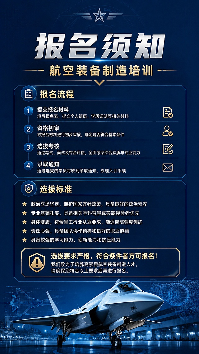 航空装备制造培训报名须知图文，保留原海报深蓝色军工风格，大气设计，颜色协调，主标题"报名须知"，内容分点列出报名流程和选拔标准，强调选拔要求严格，符合条件者方可报名，文字清晰分点展示，比例9:16，版式精美