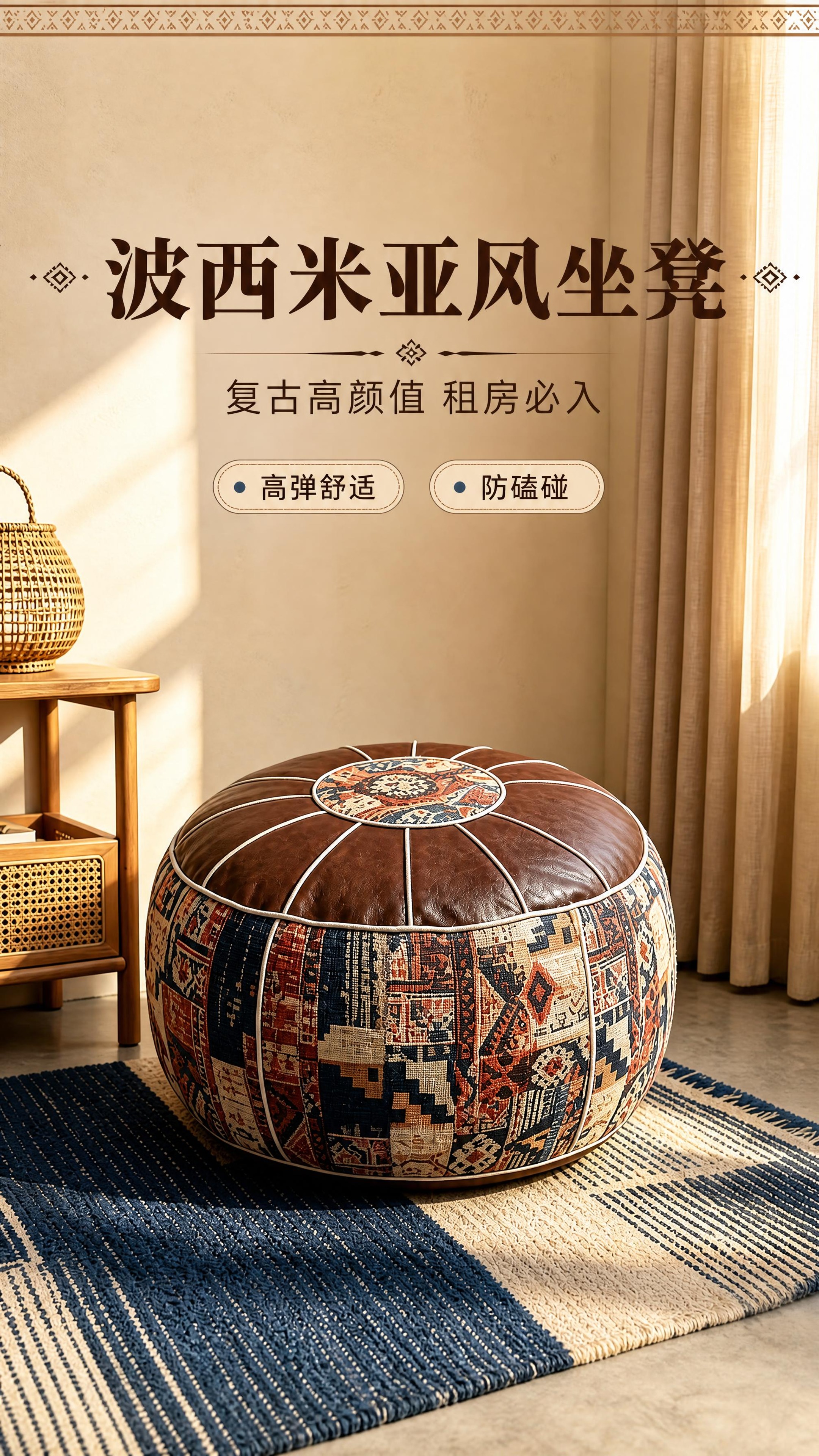[商品] 使用【图1】波西米亚风圆形坐墩；保留棕色仿皮顶面、中… - 图片创意预览