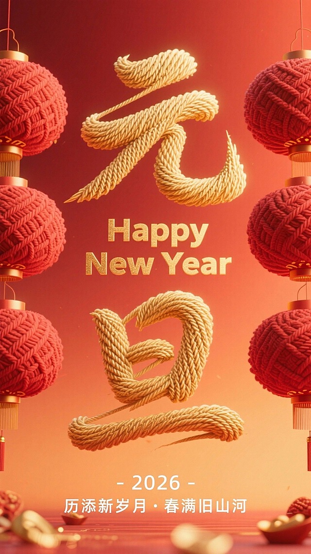 主体为金色毛线质感的 “元旦” 字艺术字（呈细腻的毛线缠绕纹理形态），红色毛线编织质感的灯笼（在画面左右两边），所有元素呈静态展示状态；场景设定为新年主题氛围场景，背景采用纯色背景是暖橙红渐变色调（上深下浅）；风格参考毛线装饰艺术结合传统新年喜庆风格，突出材质的编织纹理与温暖质感；主色调以暖橙红渐变作为背景主色，搭配金色（毛线 “元旦” 字）、红色（毛线灯笼），色调温暖且具喜庆氛围；采用竖向中心聚焦构图，“元旦” 字艺术字占据画面核心区域，相关文字装饰分布于画面上下；细节补充上，融入 “Happy Spring Festival”（横排摆放，放在元旦两字中间），“- 2026 -”“历添新岁月・春满旧山河” 等新年主题文字，同时添加柔和的光影效果，进一步强化温暖喜庆的新年氛围。