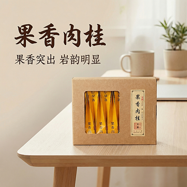 [主图 1 首图]果香肉桂茶叶场景主图，氛围为温馨居家办公风，自然柔和自然光，产品包装盒居中放置，背景为简约干净的浅色原木桌面，整体干净高级。产品外观需和用户提供的原图保持100%一致。文案:"果香肉桂"，副标题"果香突出 岩韵明显"，字体为中式书法字体，深棕色，主标题字号最大，副标题字号较小，文字左对齐悬浮在画面左上角留白处，不遮挡产品主体。配色主色调：原木浅米色，辅助色：牛皮纸棕和茶叶黄。视角构图：平视，景深适中，产品主体占画面60%，背景全屏无边框。比例1:1，分辨率2k